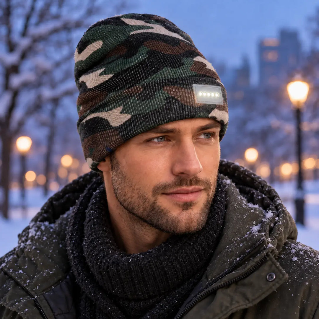 LED beanie hat worn by one man outside at winter dusk, showing its folded cuff and illuminated five-light main module clearly