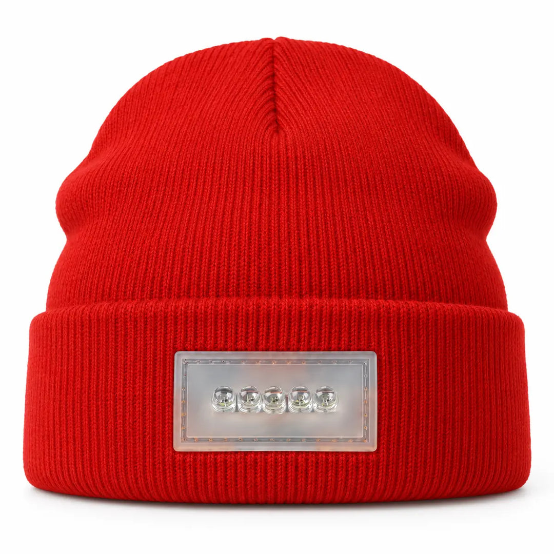 Winter beanie pictured from the front on a white background with ribbed knit texture, folded cuff and five-lens light module.
