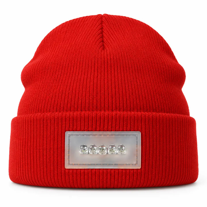 Winter beanie pictured from the front on a white background with ribbed knit texture, folded cuff and five-lens light module.