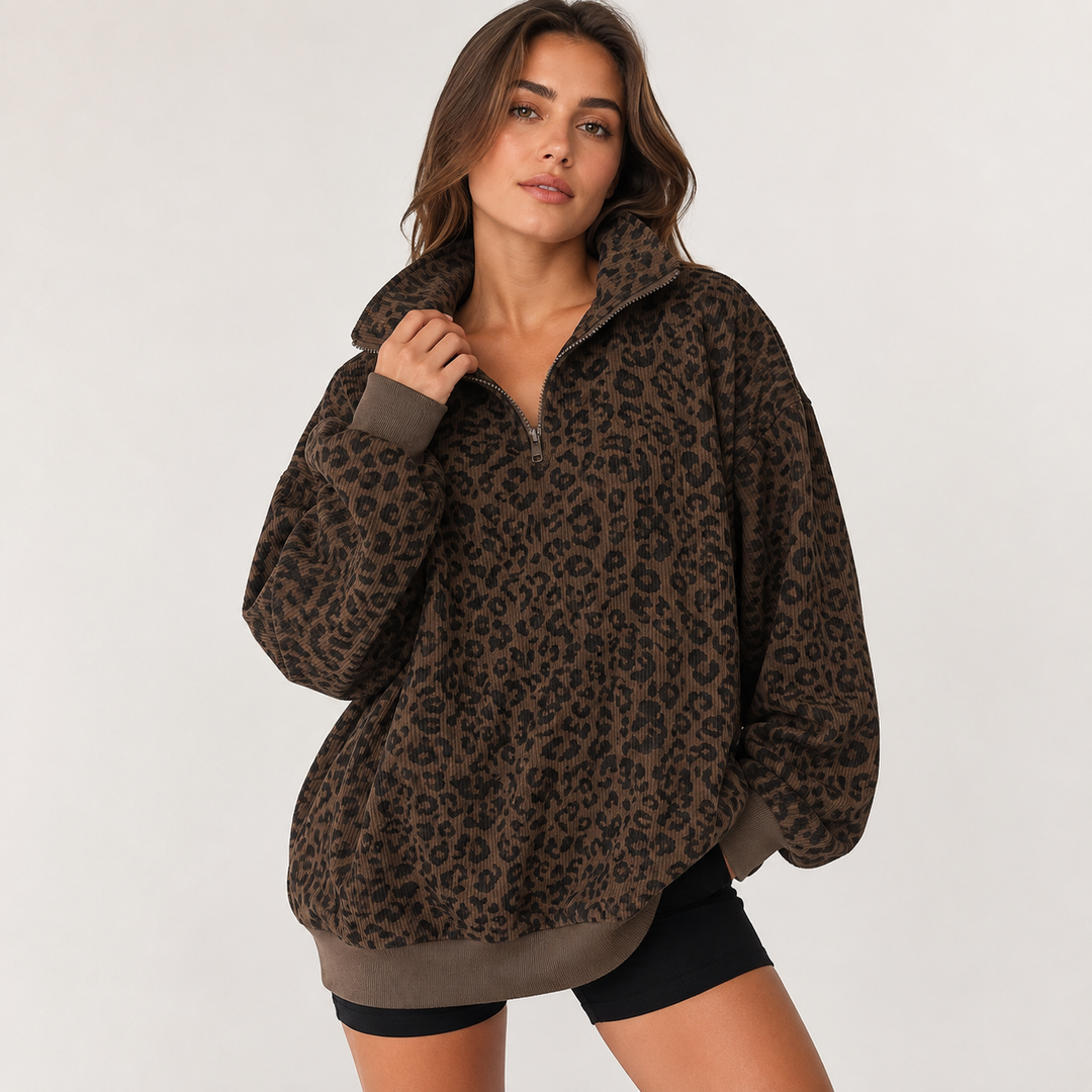 Women's Leopard Print Quarter-Zip Sweatshirt - Coffee Brown campaign view