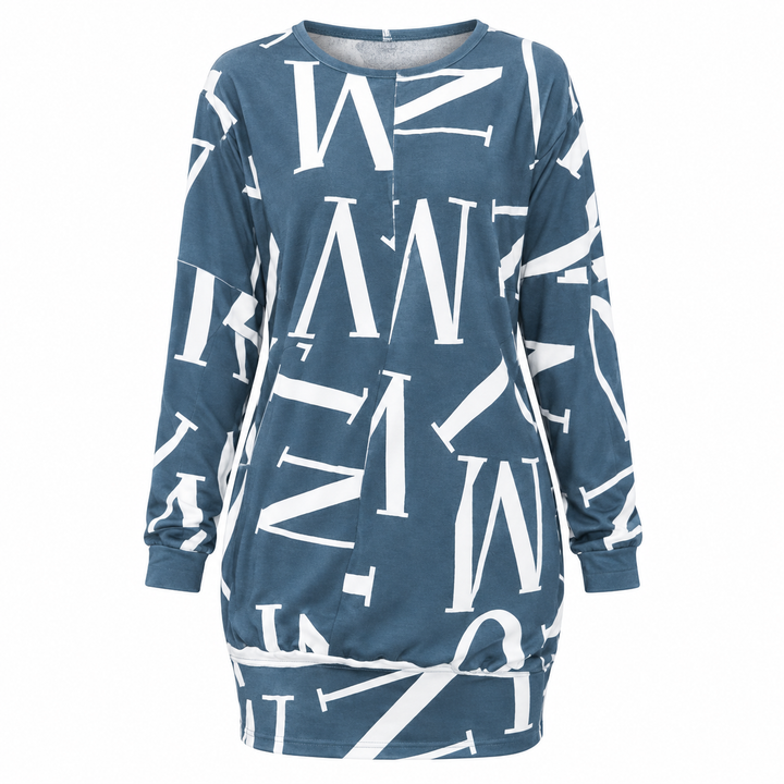 Product detail showing round neckline, sleeve finish and graphic letter pattern on the casual dress.