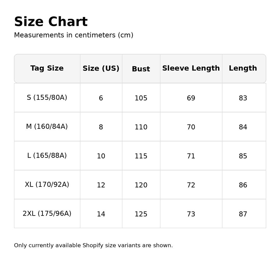 Size chart for white script print shirt dress showing S to 2XL bust, sleeve length and dress length measurements in cm