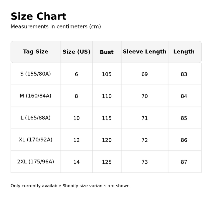 Size chart for white script print shirt dress showing S to 2XL bust, sleeve length and dress length measurements in cm