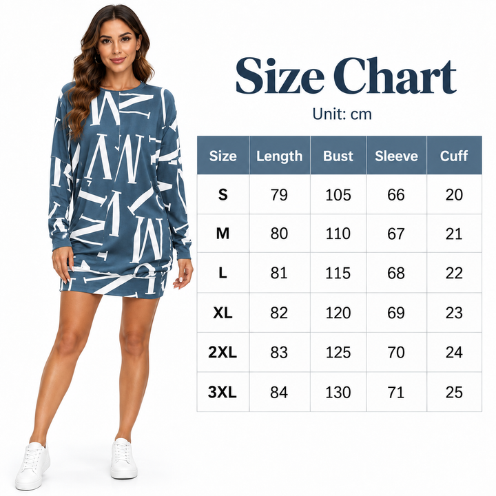 Size chart for S to 3XL with length, bust, sleeve and cuff measurements in centimeters.