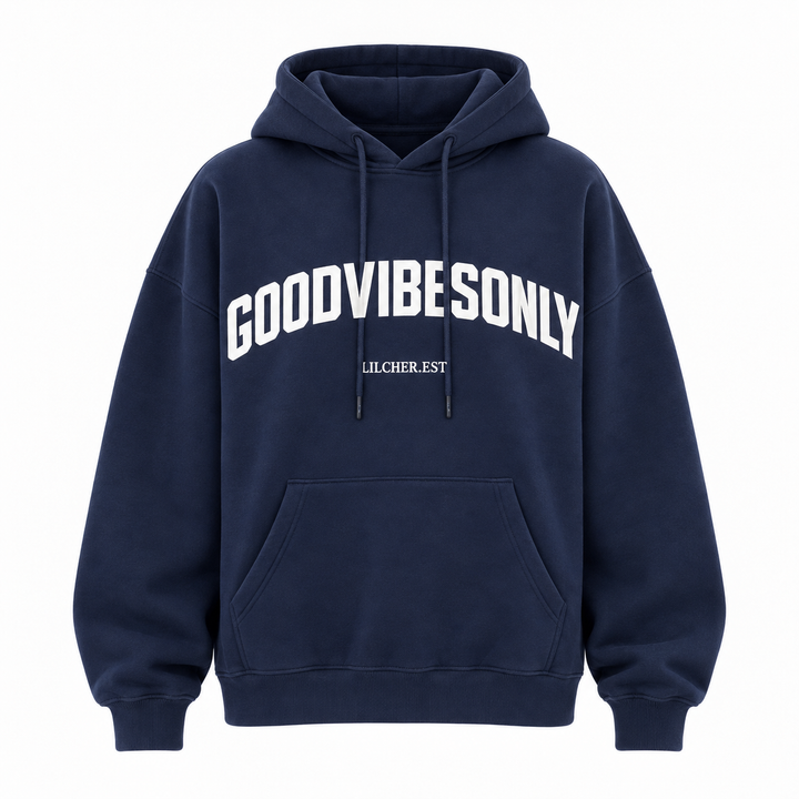 Navy blue letter print hoodie shown from front, with white chest lettering, a drawstring hood and a kangaroo pocket on white.