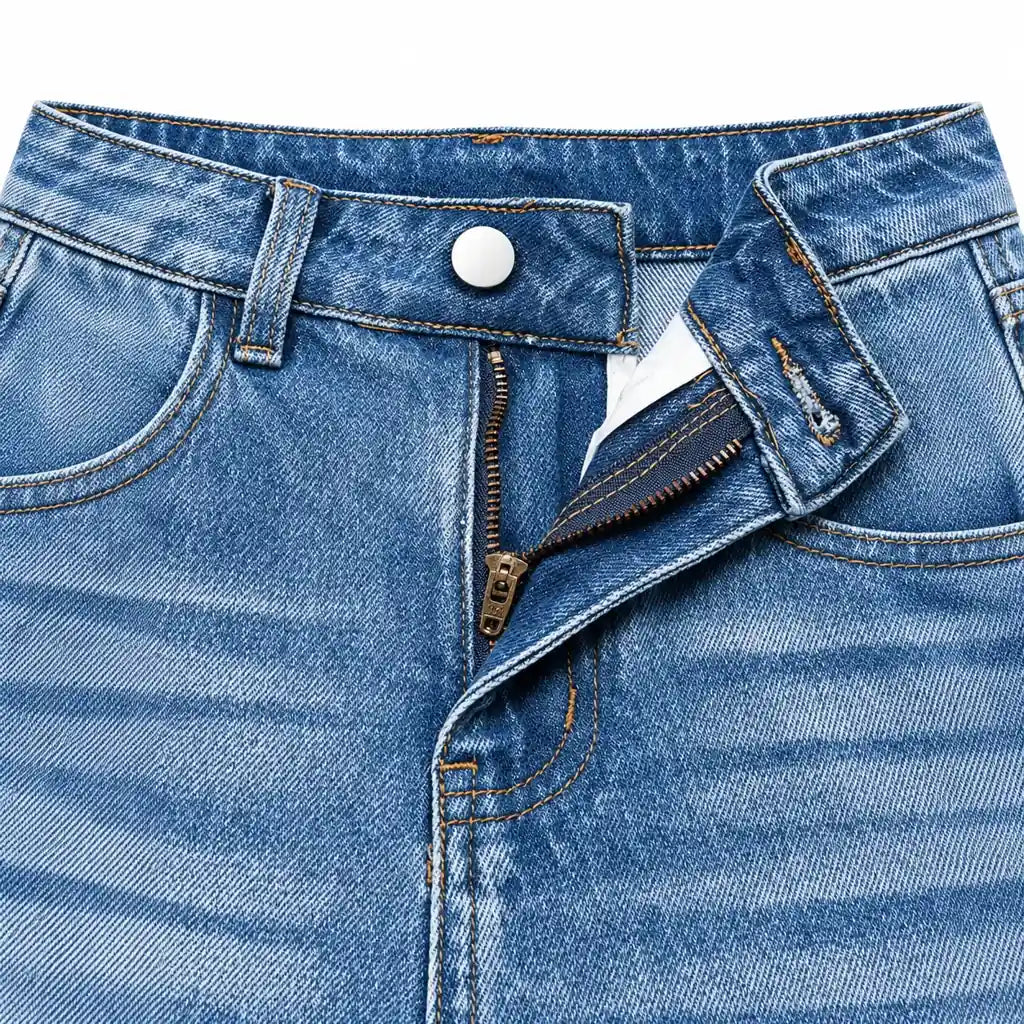 Closeup of the silver button and unzipped zipper fly on blue washed jeans, showing belt loops, buttonhole and contrast seams.