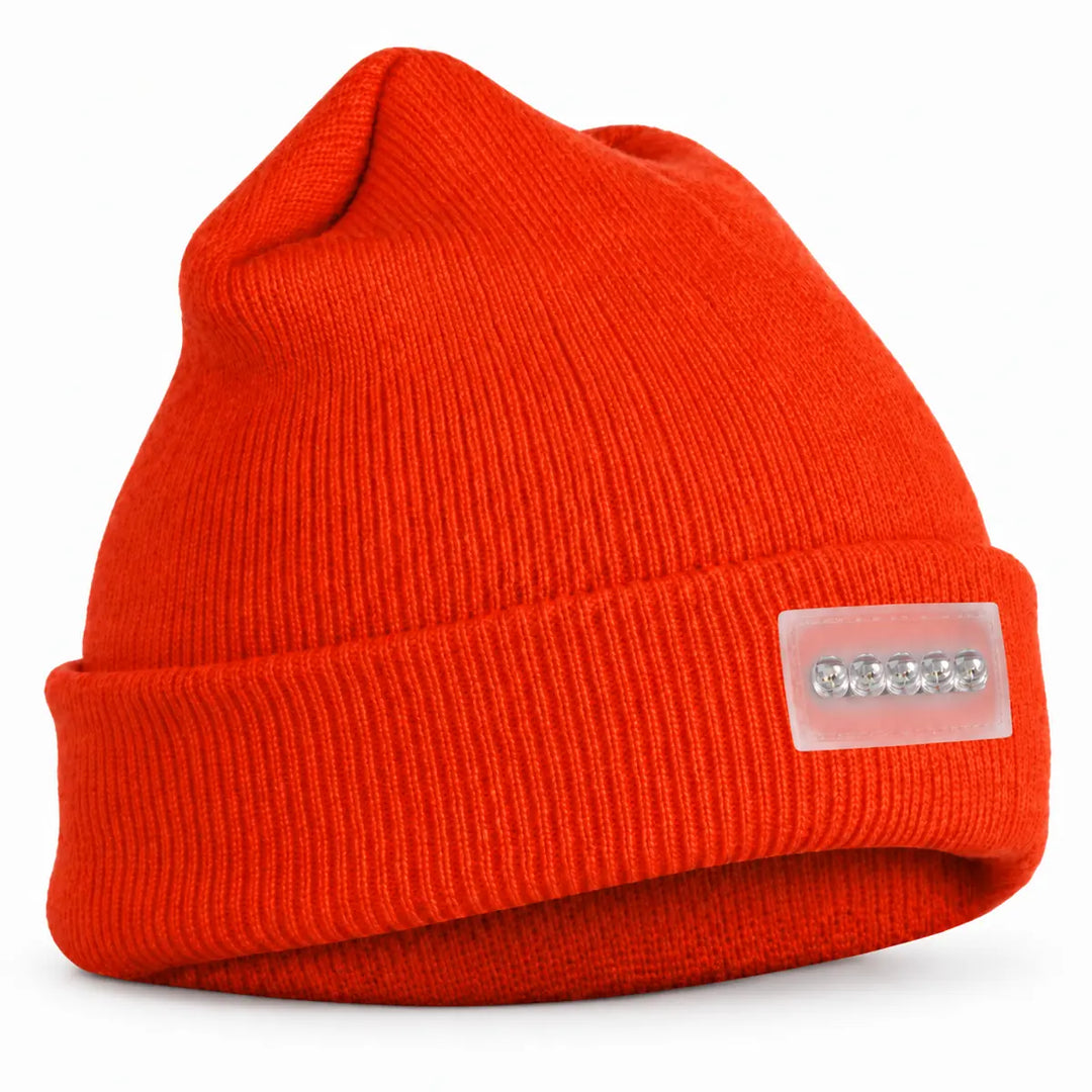 Lighted beanie pictured in a studio three-quarter view with ribbed knit construction, folded cuff and five-lens light module.