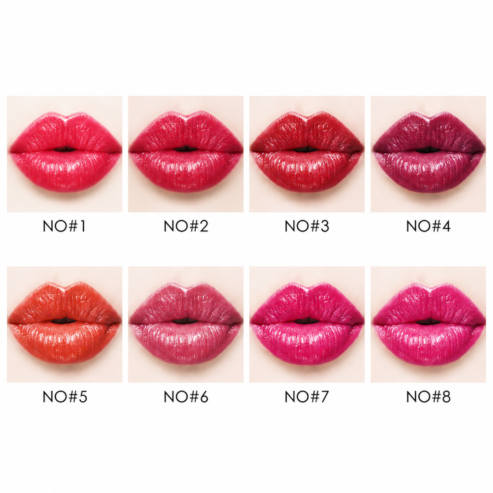 Moisturizing lipstick shade chart showing eight confirmed color choices from NO1 to NO8, displayed clearly for design detail.