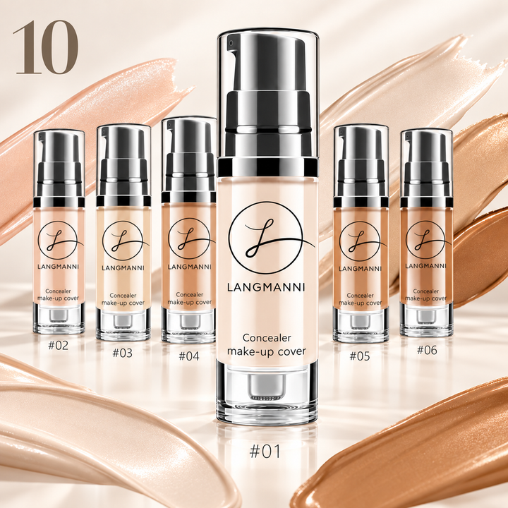 Liquid foundation concealer conversion hero showing the pump bottle with the six verified shade range and creamy swatches.