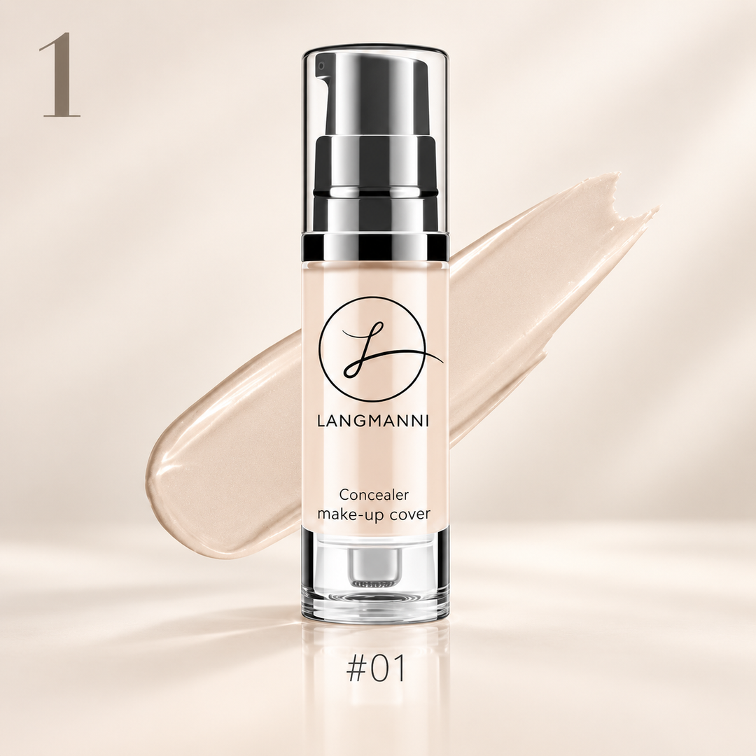 Liquid foundation concealer shade 01 in pump bottle with matching light swatch on a clean studio background.