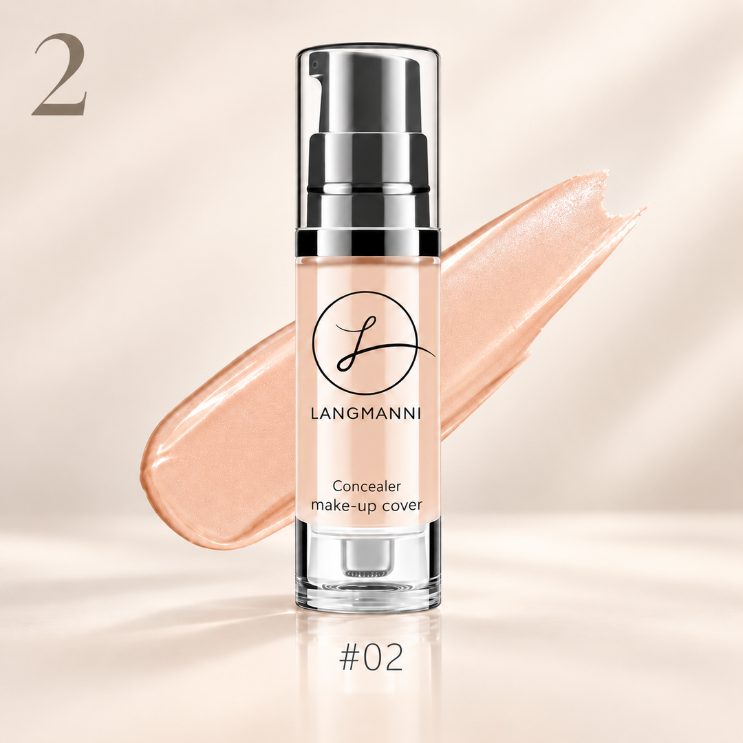 Liquid foundation concealer shade 02 in pump bottle with matching peach beige swatch on a clean studio background.
