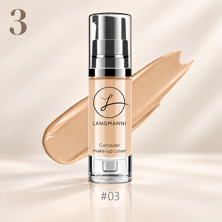 Liquid foundation concealer shade 03 in pump bottle with matching warm beige swatch on a clean studio background.