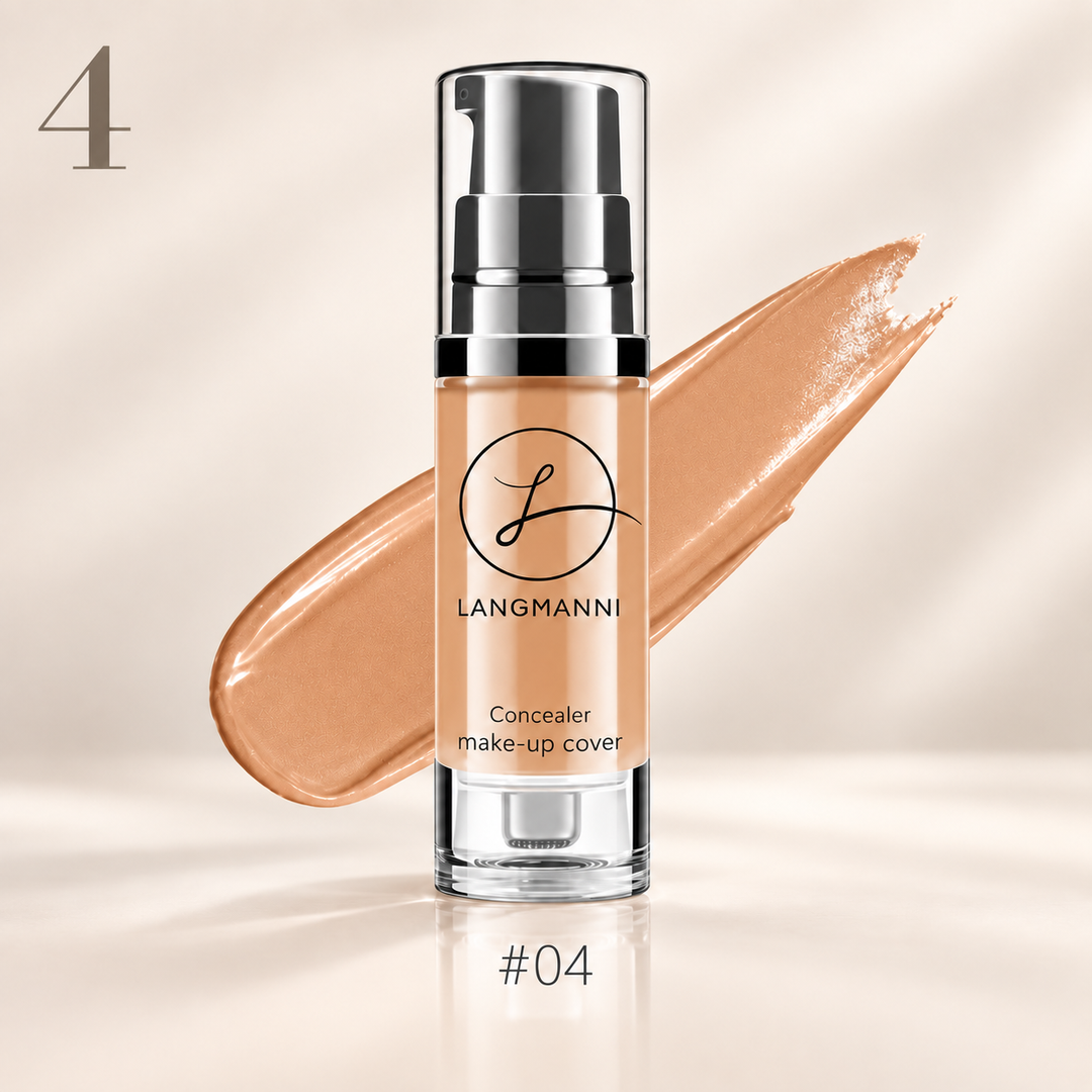 Liquid foundation concealer shade 04 in pump bottle with matching medium peach tan swatch on a clean studio background.
