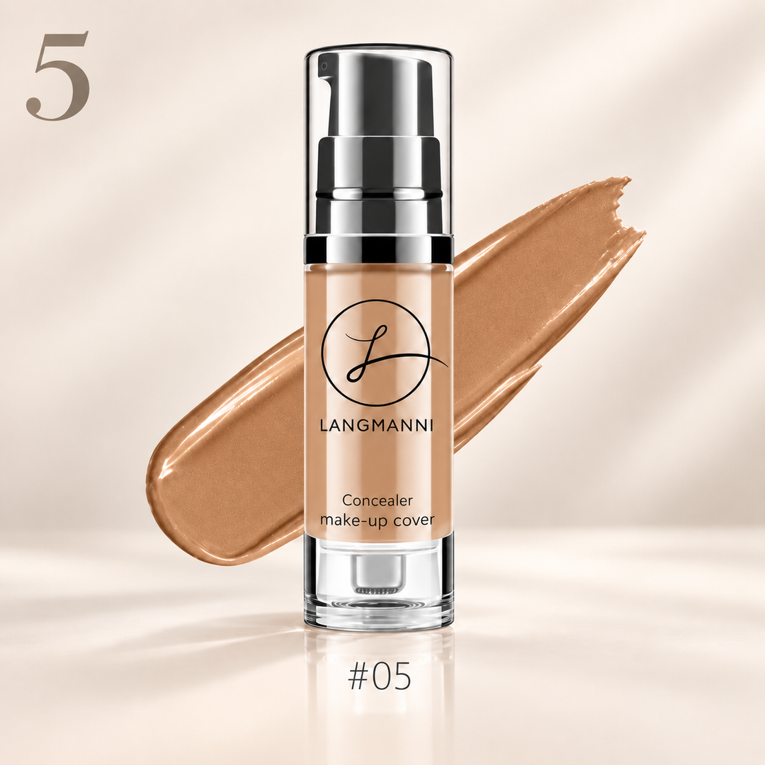 Liquid foundation concealer shade 05 in pump bottle with matching tan swatch on a clean studio background.