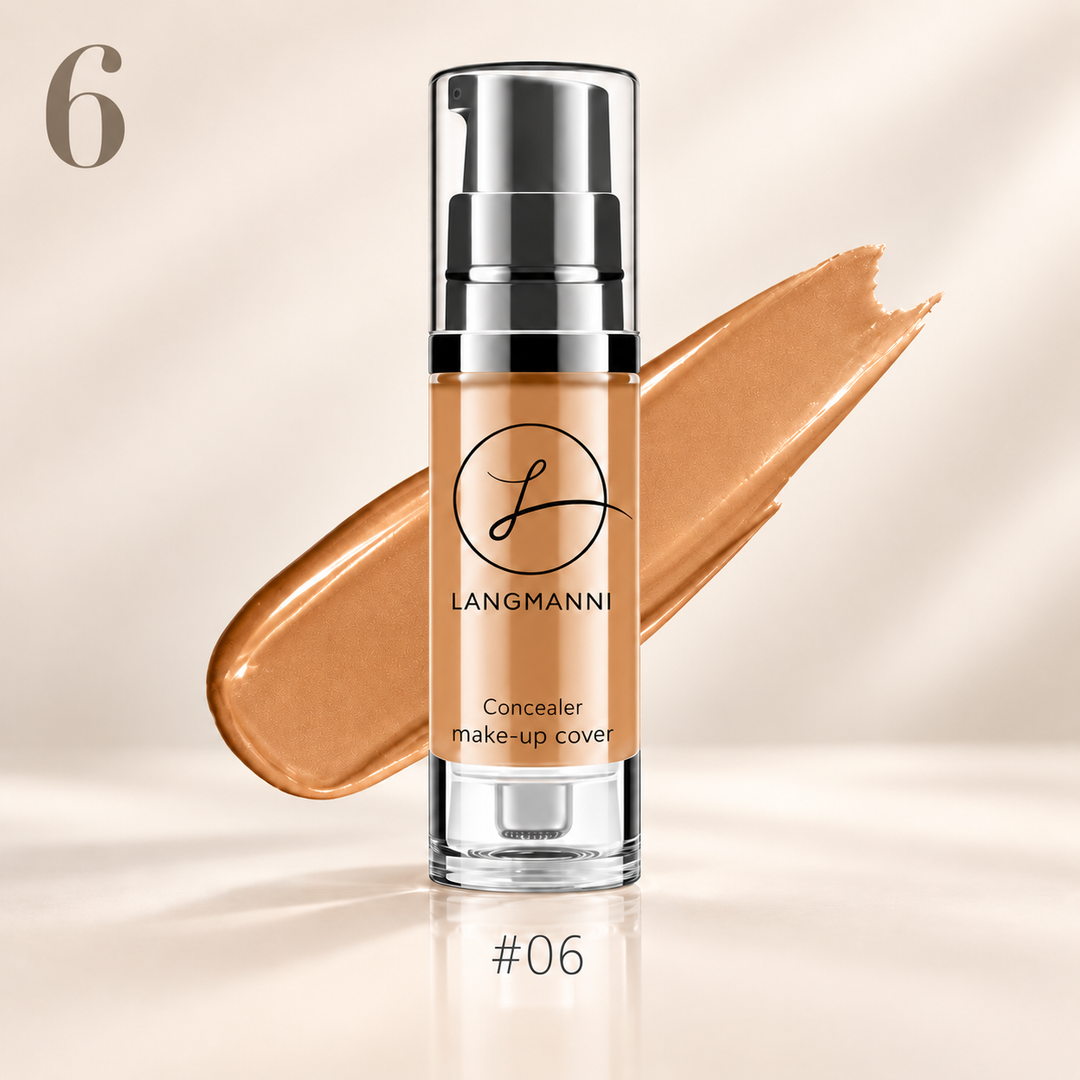 Liquid foundation concealer shade 06 in pump bottle with matching deeper tan swatch on a clean studio background.