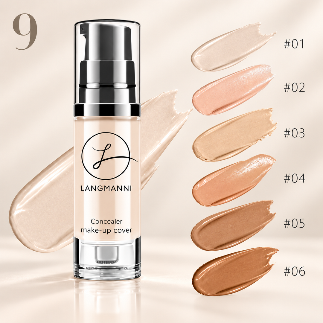 Liquid foundation concealer shade guide with one pump bottle and six verified swatches labeled 01 through 06.