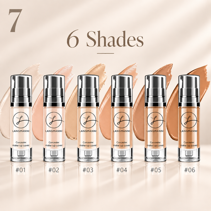 Liquid foundation concealer range showing all six verified numbered shades 01 through 06 with matching swatches.