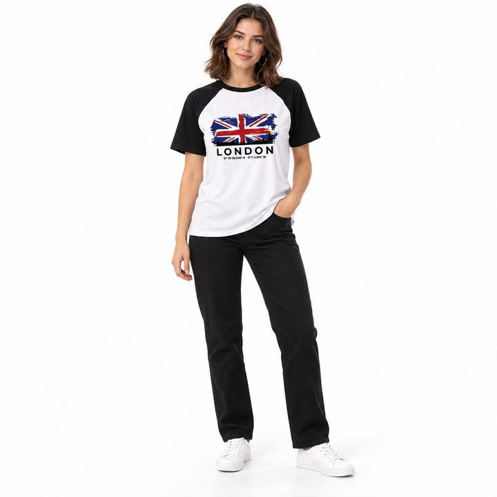 London T-shirt with white body, black sleeves and flag graphic on a model