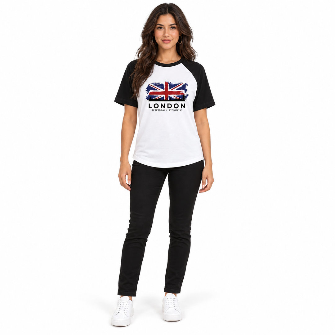Front view of the white and black tee with London skyline print