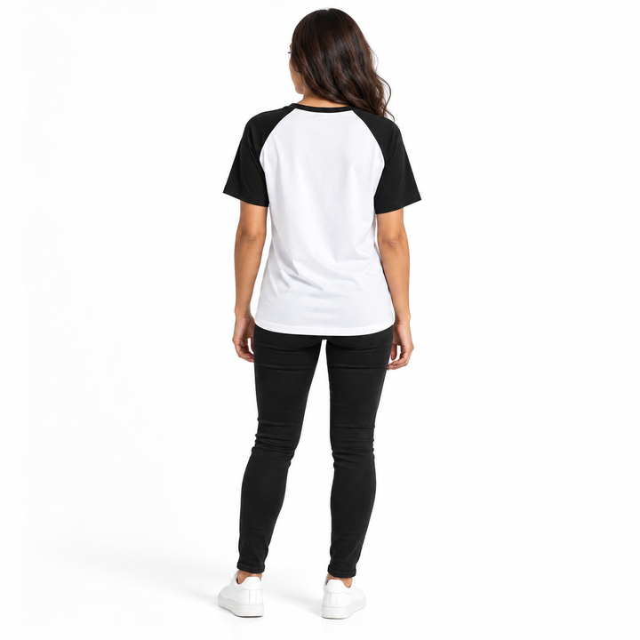 Rear view of the tee with a plain white back and black sleeves