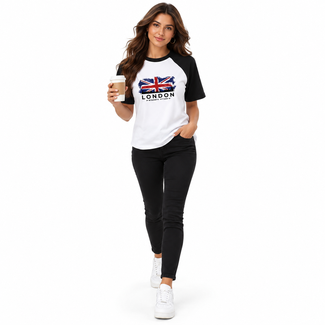Model walking with a coffee cup in a white and black printed tee