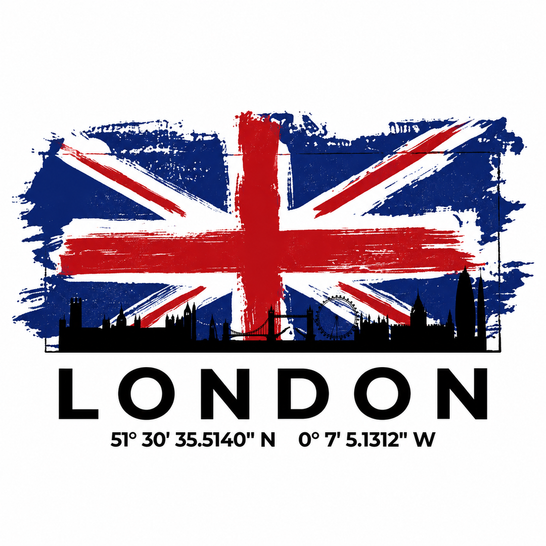 Close-up of the Union Jack, skyline and LONDON lettering