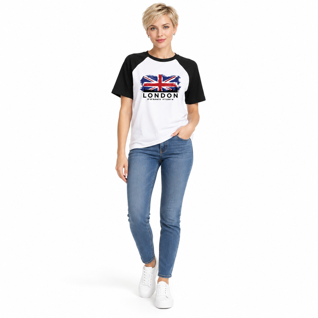 Blonde model wearing the London T-shirt with blue jeans