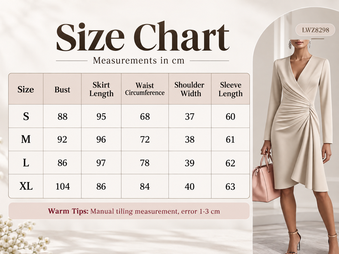 Size chart for dress with bust, length, waist, shoulder and sleeve measurements in cm