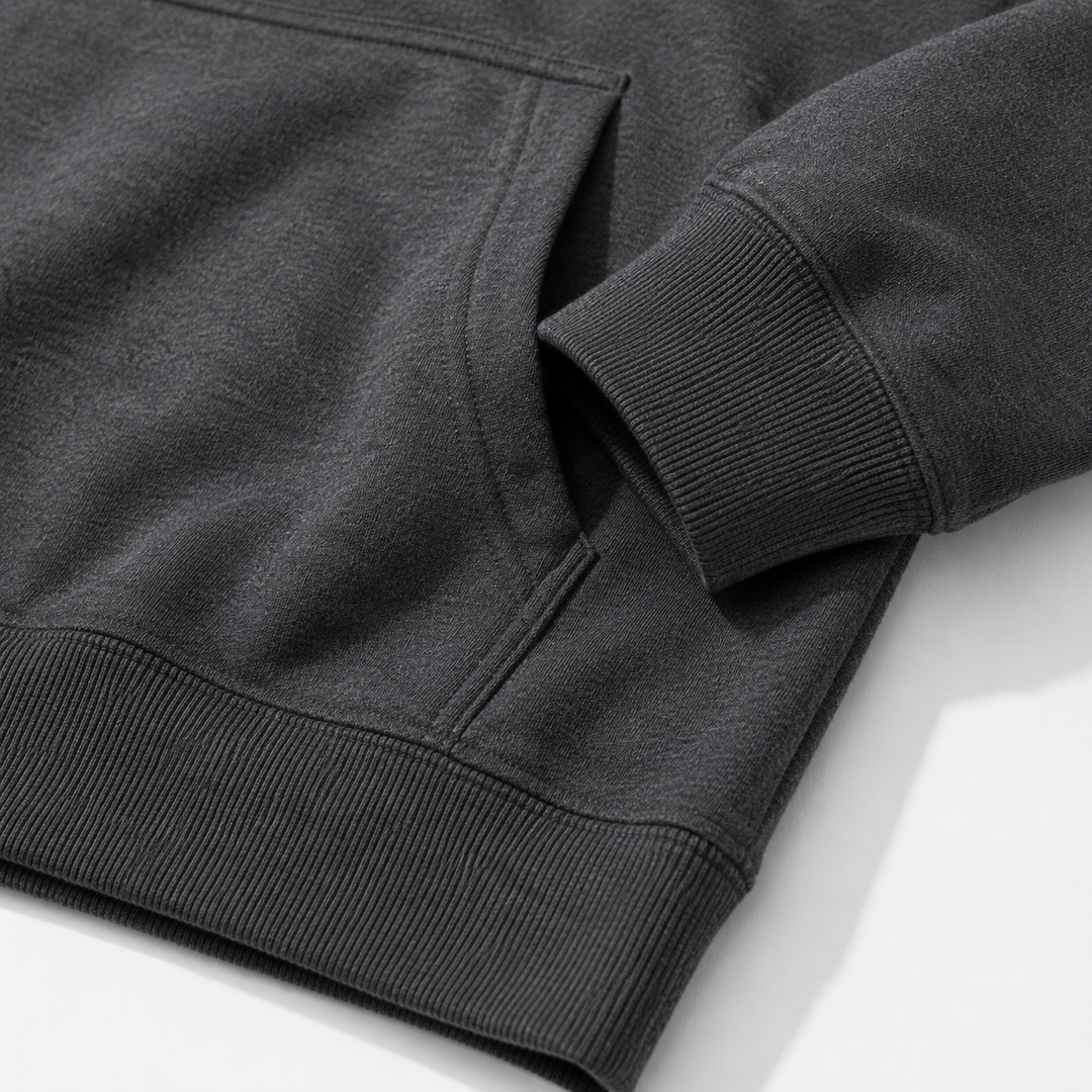 Dark Gray hoodie close-up showing cuff seam and polyester fabric detail from the existing product image for visual reference.