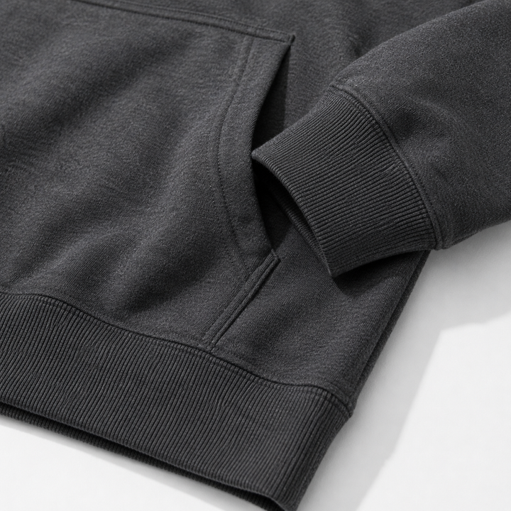 Dark Gray hoodie close-up showing cuff seam and polyester fabric detail from the existing product image for visual reference.