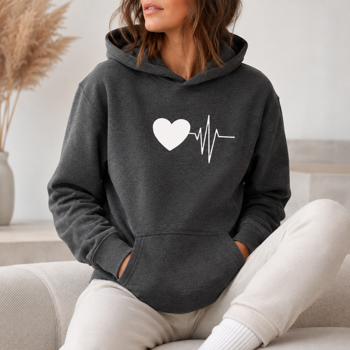 Dark Gray love graphic hoodie on female model with white heartbeat heart print and long sleeves with visible product details.