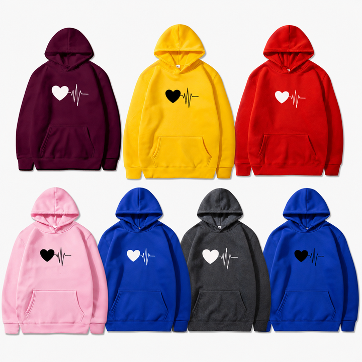 Graphic hoodie variant presentation showing verified options, with the heartbeat heart design for accurate visual comparison.