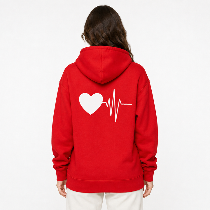 Red love hoodie back view on female model showing the plain rear and casual loose-fit silhouette shown for product selection.