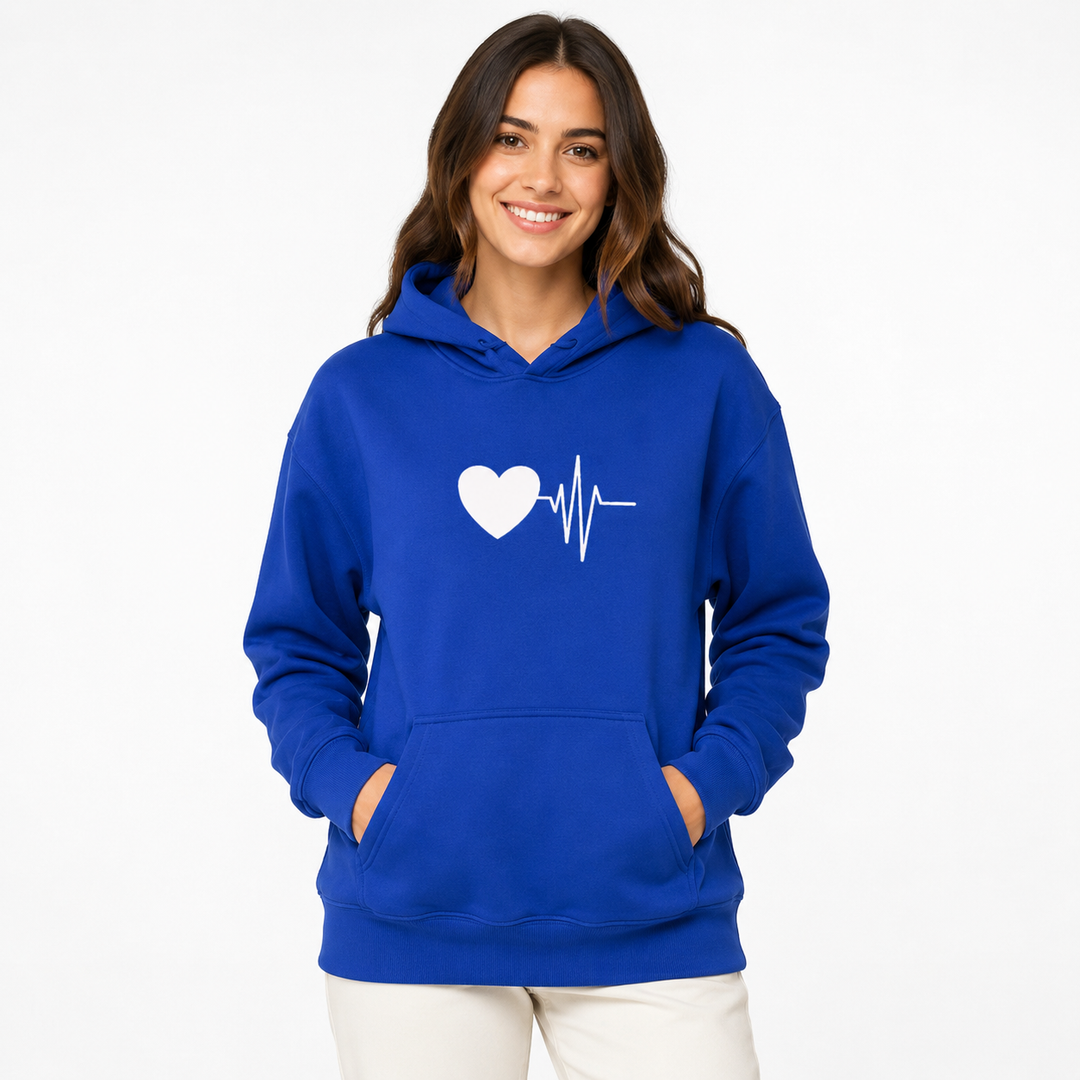 Royal Blue love graphic hoodie on female model with white heartbeat heart print and front kangaroo pocket shopping reference.