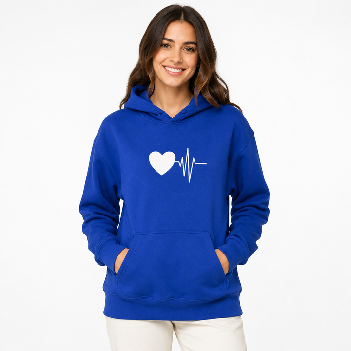 Royal Blue love graphic hoodie on female model with white heartbeat heart print and front kangaroo pocket shopping reference.
