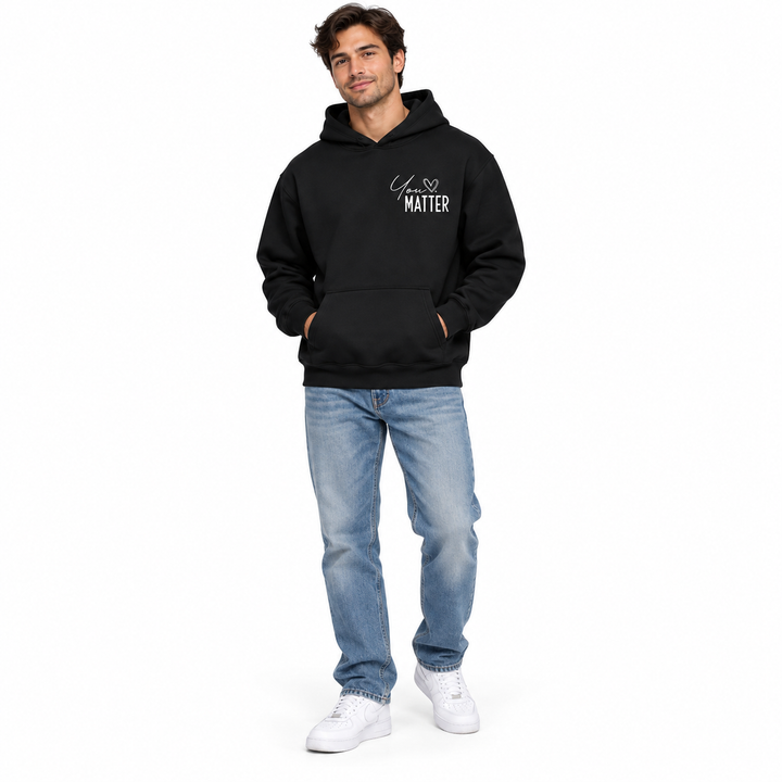 Unisex Love Letter hoodie Black on male model front view
