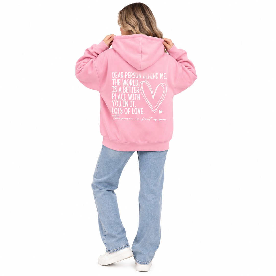 Unisex Love Letter hoodie Pink on female model back view