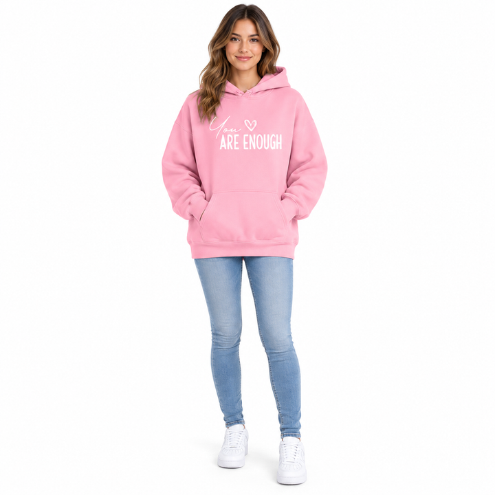 Unisex Love Letter hoodie Pink on female model front view