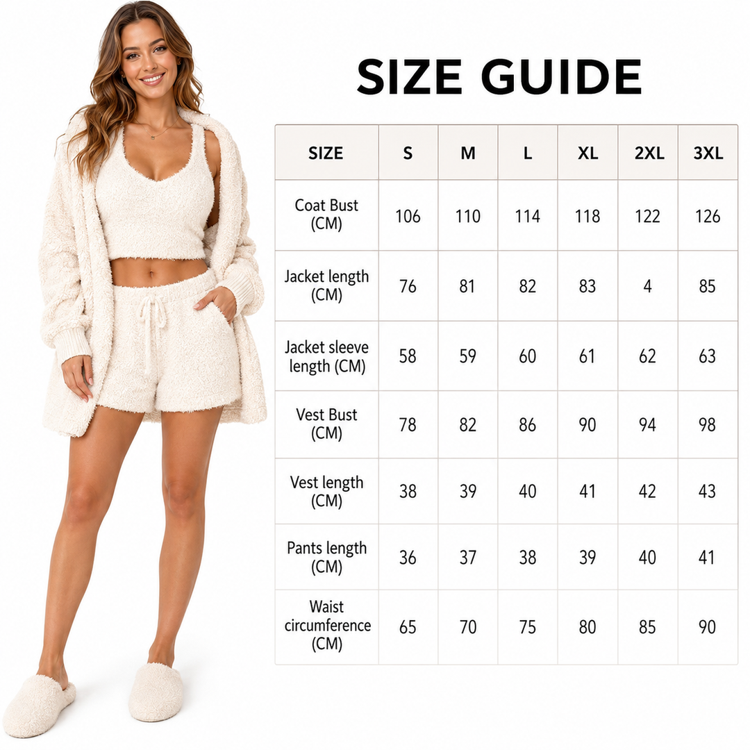 3 piece lounge set women size guide with cream outfit model and supplied S to 3XL measurements in a clean table product view.