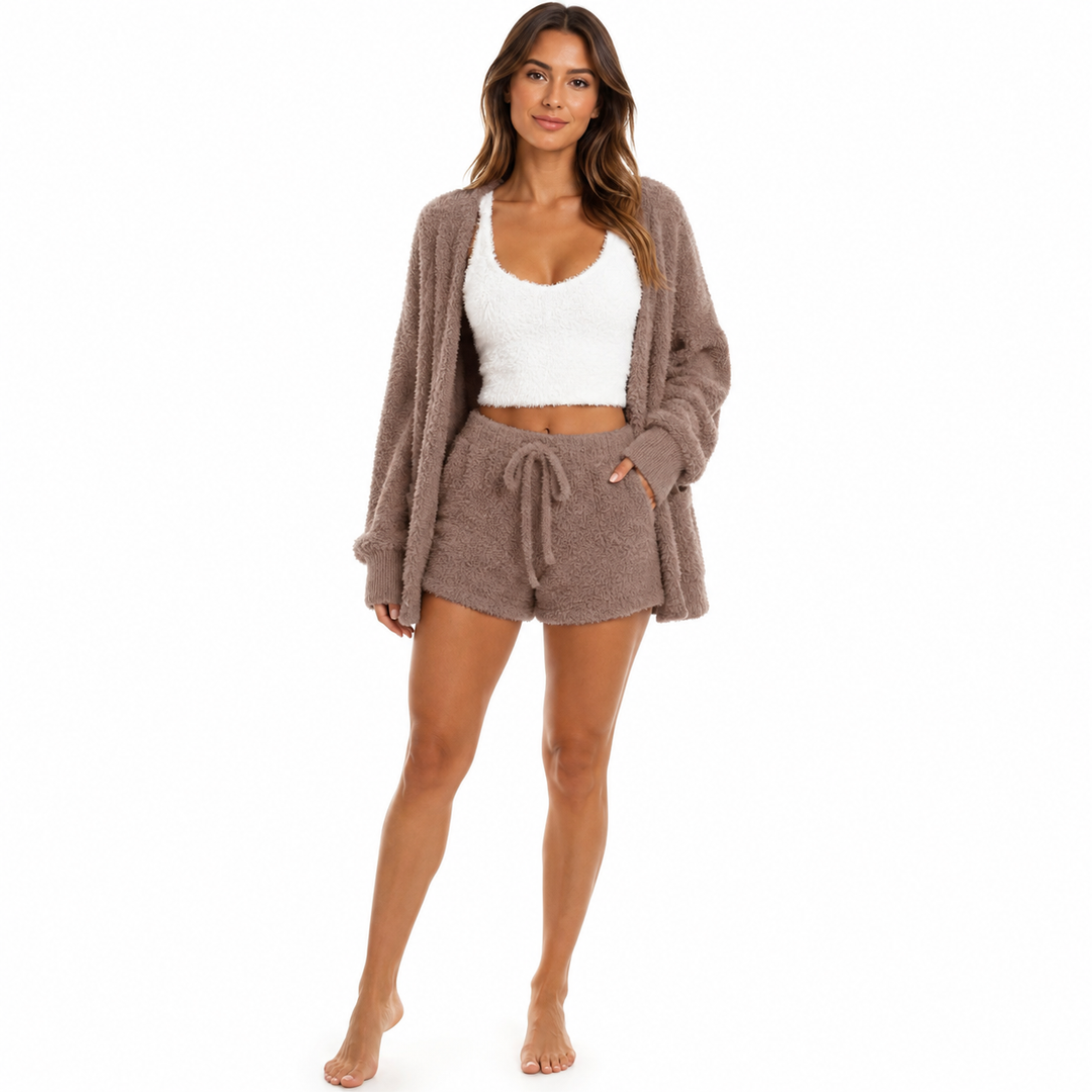 Taupe fuzzy 3 piece lounge outfit with open cardigan, white cropped top and drawstring shorts on a female studio model image.
