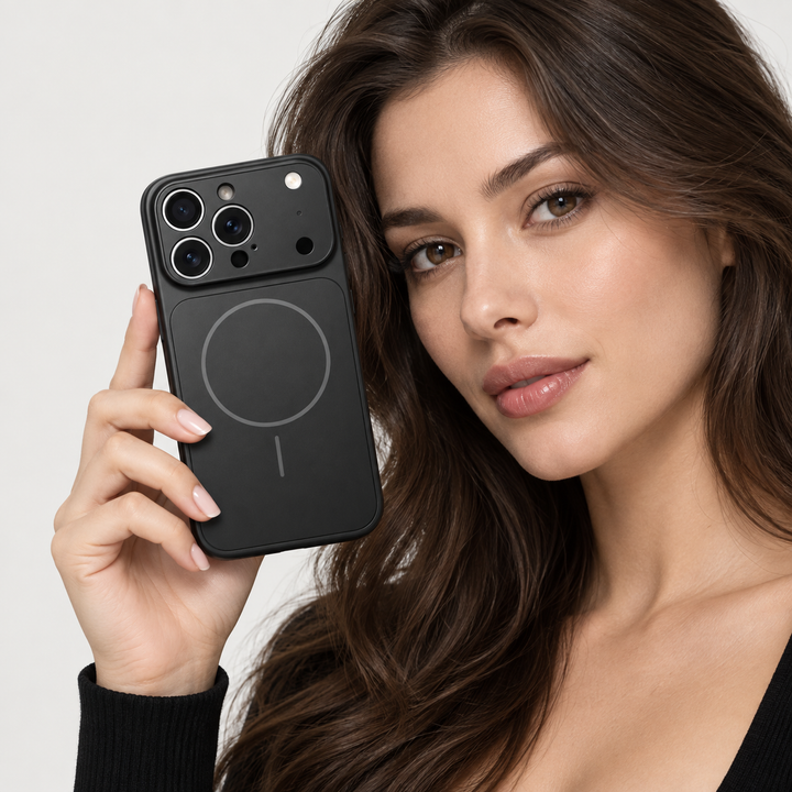 Classic Black MagSafe phone case shown with a professional model in a clean commercial composition focused on the case design.