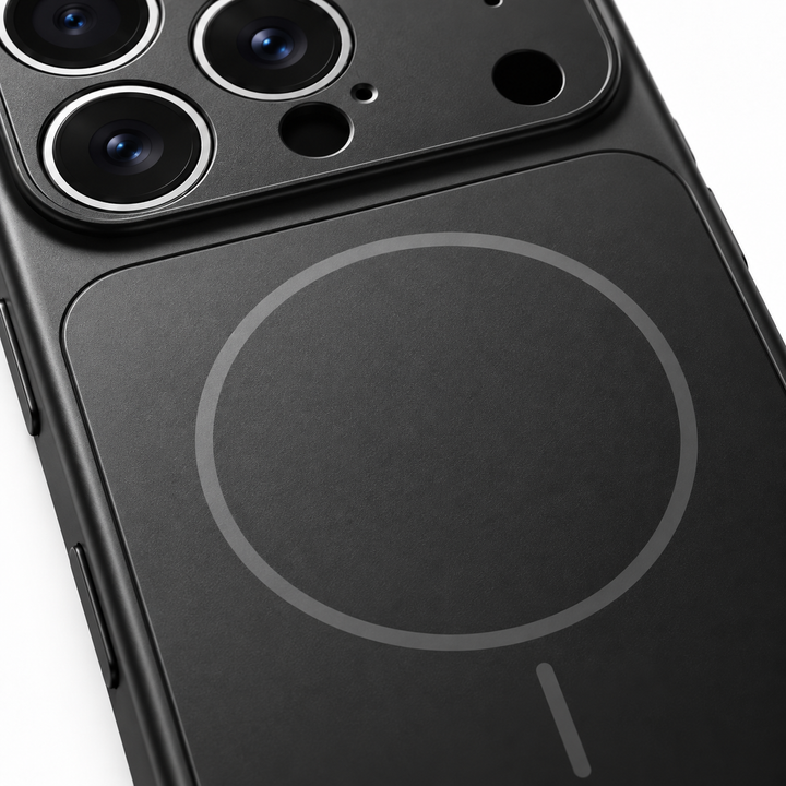 Classic Black MagSafe phone case macro view highlighting the nano frosted back texture and centered magnetic ring detail.