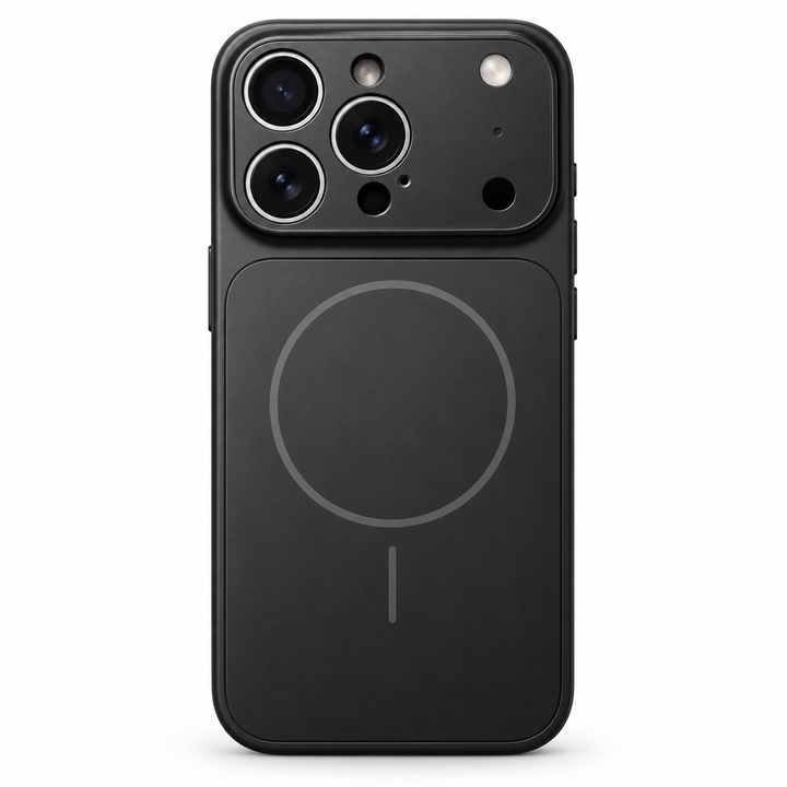 MagSafe phone case in Classic Black with nano frosted glass styling, magnetic ring detail and raised camera guard on white.