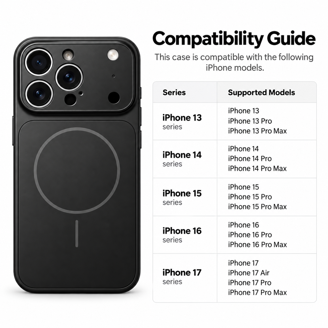 MagSafe phone case compatibility guide for listed iPhone 13, 14, 15, 16 and 17 series models.