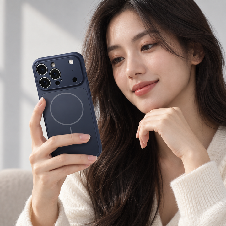 Dark Blue MagSafe phone case shown in use with a professional model, highlighting the nano frosted glass back and magnetic ring.