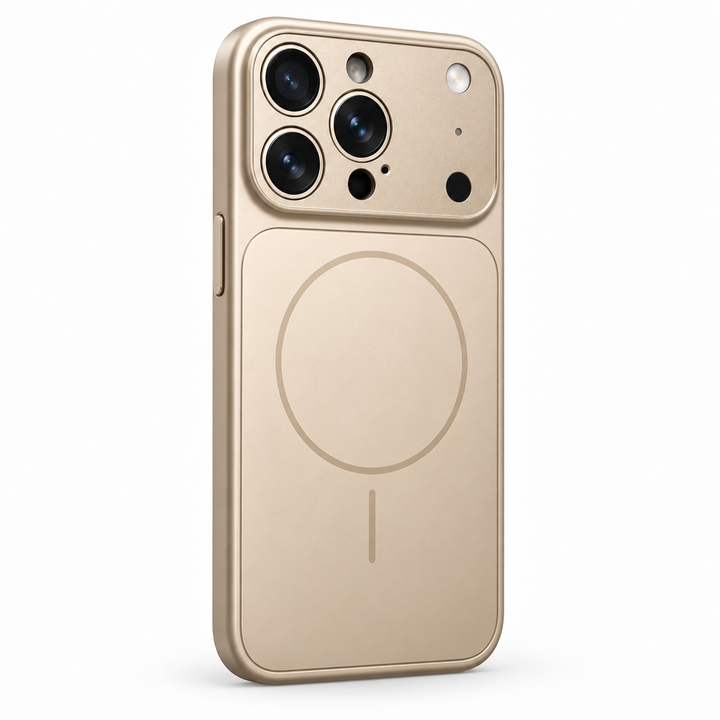 Desert Gold MagSafe phone case shown at a three-quarter rear angle with nano frosted styling and the raised camera area visible.