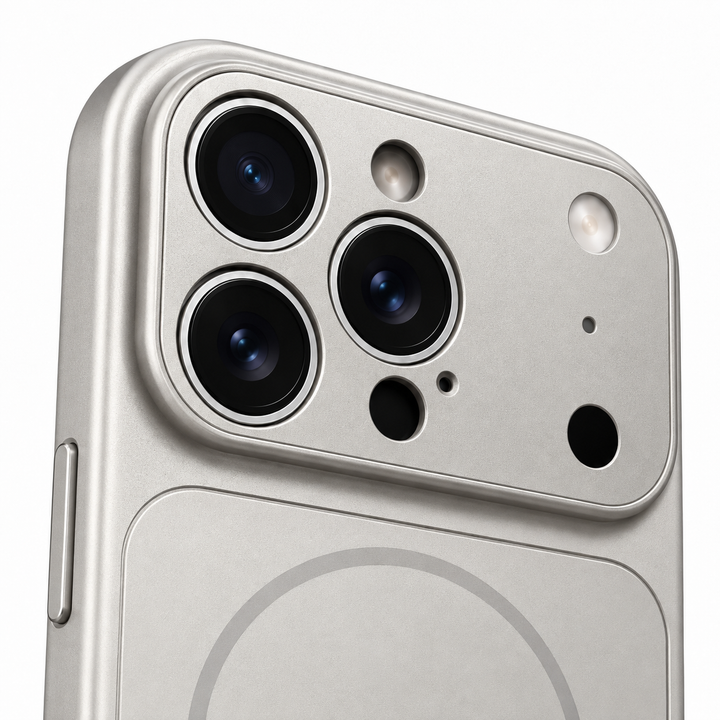 Titanium Silver MagSafe phone case close-up showing the raised rectangular camera guard and verified camera opening details.
