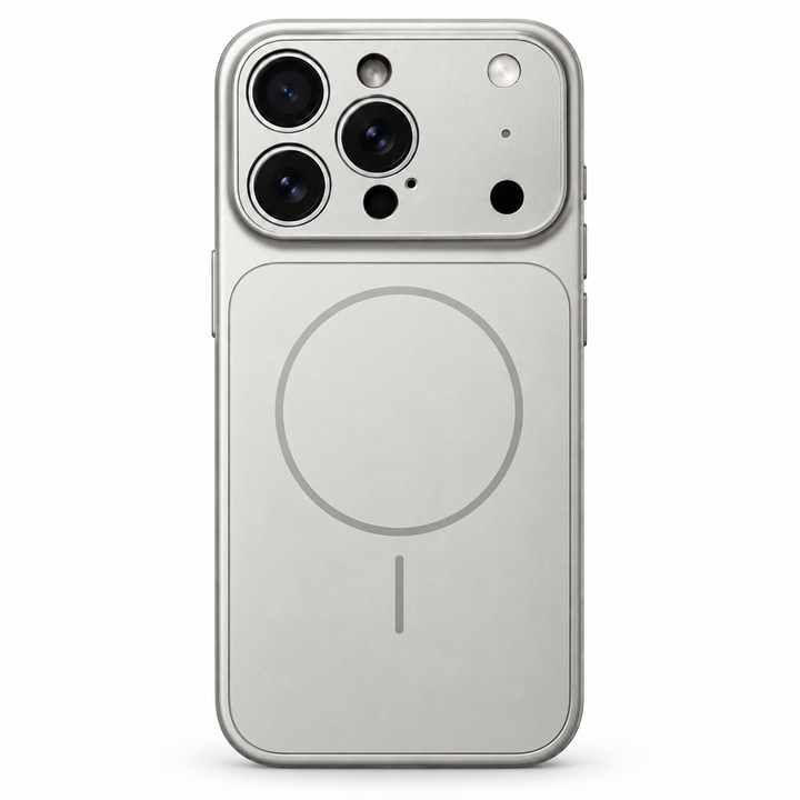 Titanium Silver MagSafe phone case in a full studio view showing the frosted back, magnetic ring and raised camera guard.