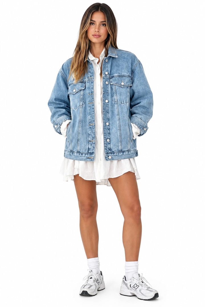 A woman modeling an oversized light blue denim jacket over a white ruffled shirt and white skirt, paired with white socks and New Balance sneakers, on a solid white background.