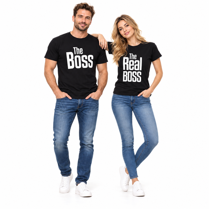 Matching family shirts worn by a full-body couple in black Boss graphic tees and blue jeans against a white studio background